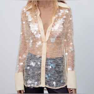 Zara sequin covered button down shirt top semi sheer lace ecru cream 4786/344 M